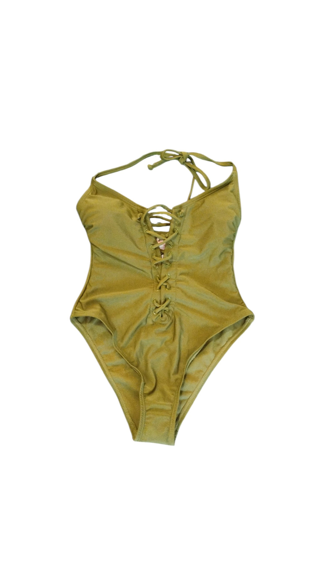 Olive Green Lace up Front One Piece Swimsuit