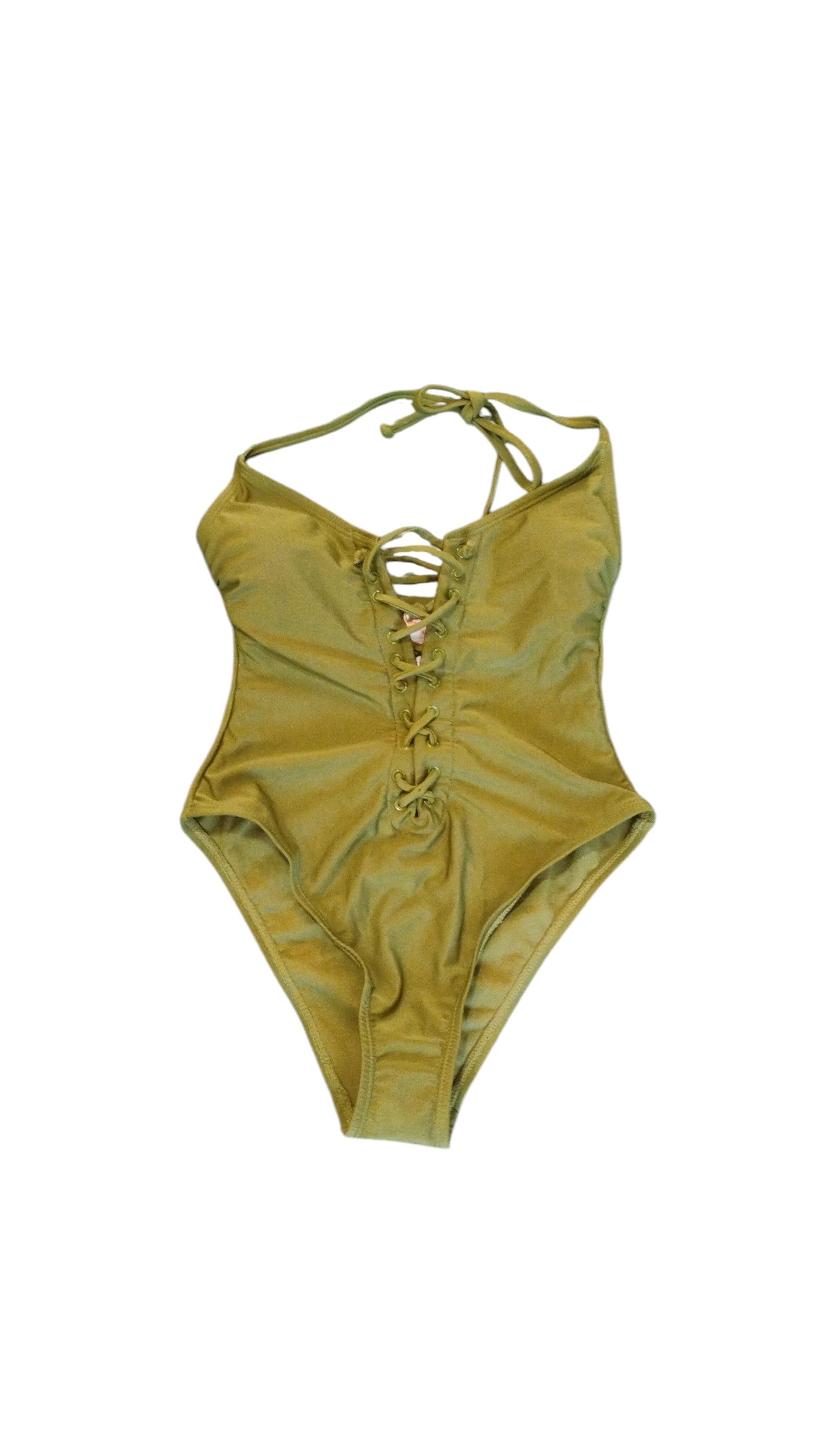 Olive Green Lace up Front One Piece Swimsuit